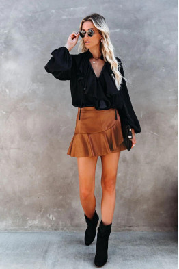 Avery Ruffled Faux Leather Khaki Skirt