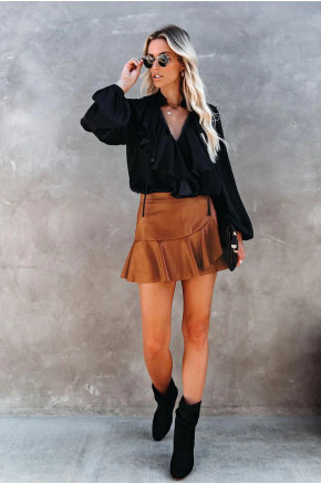Avery Ruffled Faux Leather Khaki Skirt