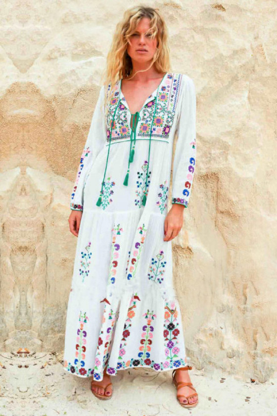 Boho White Embroidered Maxi Dress