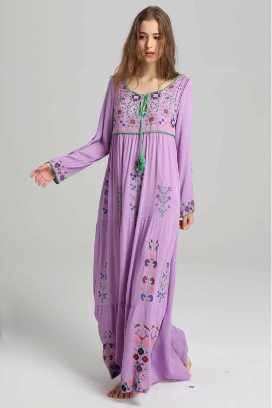 Boho Lavender Embroidered Maxi Dress