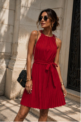Alexis Tie Neck Pleated Red Dress