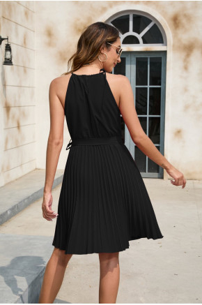 Alexis Tie Neck Pleated Black Dress