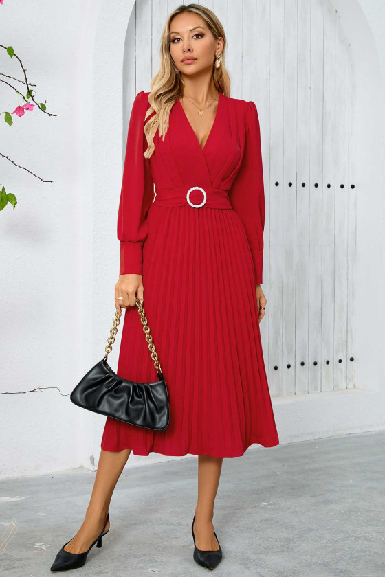 Alyssa Pleated Midi Dress in Red