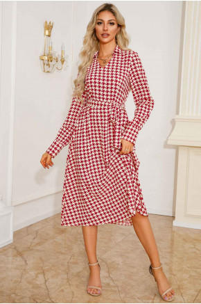 Houndstooth Midi Dress in Red