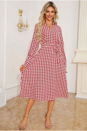 Houndstooth Midi Dress in Red