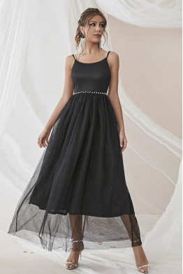 Mila Pearl Strap Black Tulle Dress