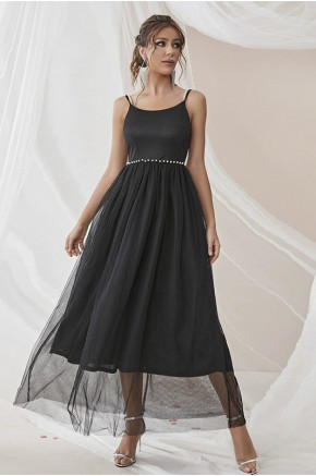 Mila Pearl Strap Black Tulle Dress