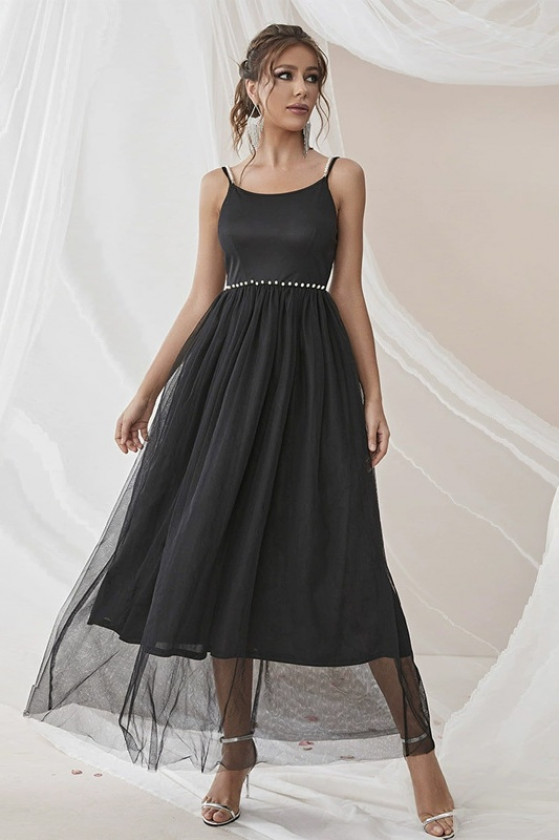 Mila Pearl Strap Black Tulle Dress