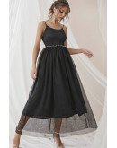 Mila Pearl Strap Black Tulle Dress