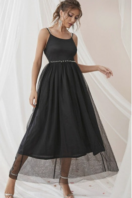 Mila Pearl Strap Black Tulle Dress