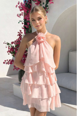 Enora Halter Tiered Dress in Rose