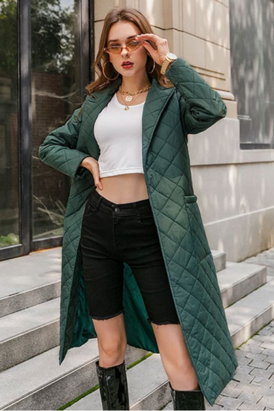 Anne Quilted Long Coat in Green