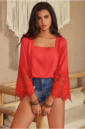 Shahira Lace Sleeves Red Top