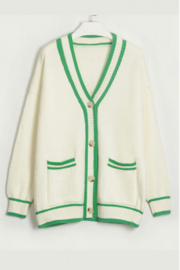 Trendy Contrast Knit Green Trim Cardigan