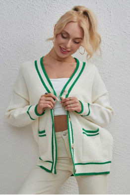 Trendy Contrast Knit Green Trim Cardigan