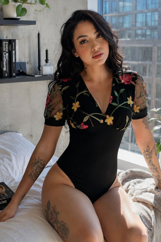 Embroidered Floral Mesh Bodysuit