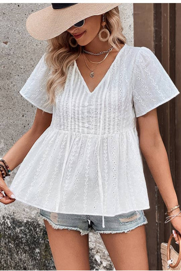White Eyelet Peplum Sheer Blouse