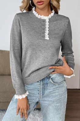 Lace Trim Button Knit Pullover