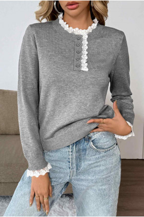Lace Trim Button Knit Pullover