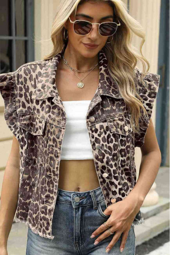 Leopard Ruffle Denim Vest