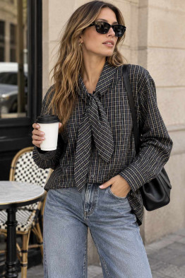 Awesome Jade Necktie Plaid Blouse