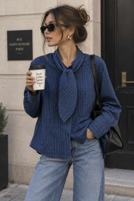 Awesome Jade Necktie Blue Plaid Blouse