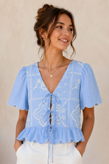 Ava Scallop Tie Front Top