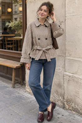 Nora Belted Check Trench Jacket