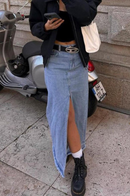 Denim Maxi Skirt with Front Slit