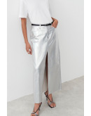 Silver Metallic High-Slit Maxi Skirt