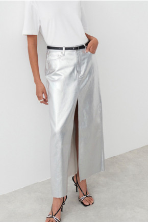 Silver Metallic High-Slit Maxi Skirt