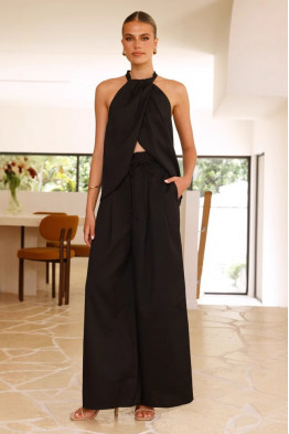 Halter Drape Black Pants Set