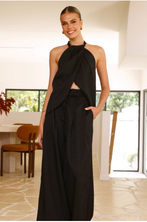 Halter Drape Black Pants Set