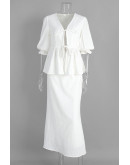 Aella Tiefront Peplum White Skirt Set