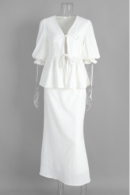 Aella Tiefront Peplum White Skirt Set