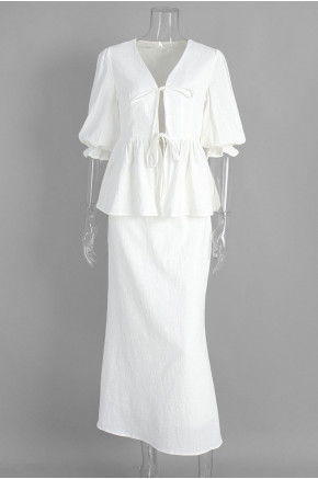 Aella Tiefront Peplum White Skirt Set