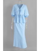 Aella Tiefront Peplum Blue Skirt Set