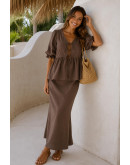 Aella Tiefront Peplum Brown Skirt Set