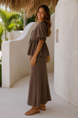 Aella Tiefront Peplum Brown Skirt Set