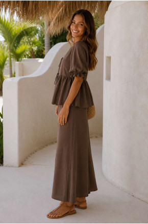 Aella Tiefront Peplum Brown Skirt Set