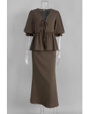 Aella Tiefront Peplum Brown Skirt Set