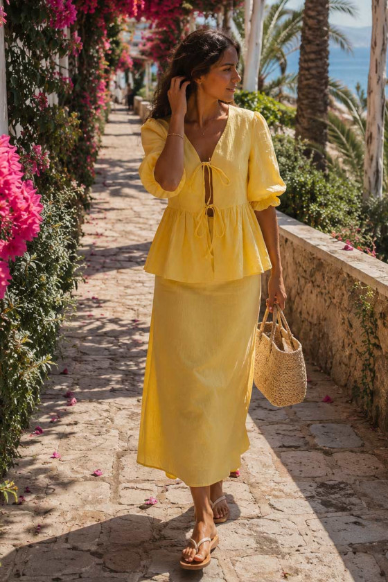 Aella Tiefront Peplum Yellow Skirt Set