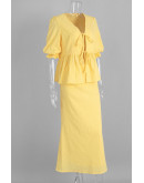 Aella Tiefront Peplum Yellow Skirt Set