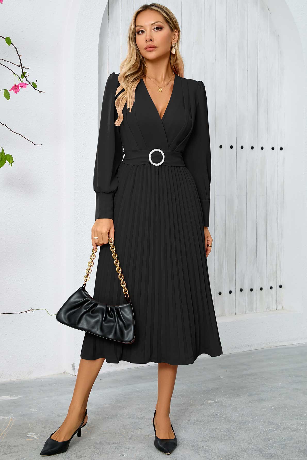 Alyssa Pleated Midi Dress in Black for polished city plans