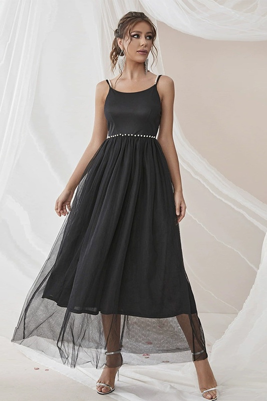 Mila Pearl Strap Black Tulle Dress for celebrations and special occasions