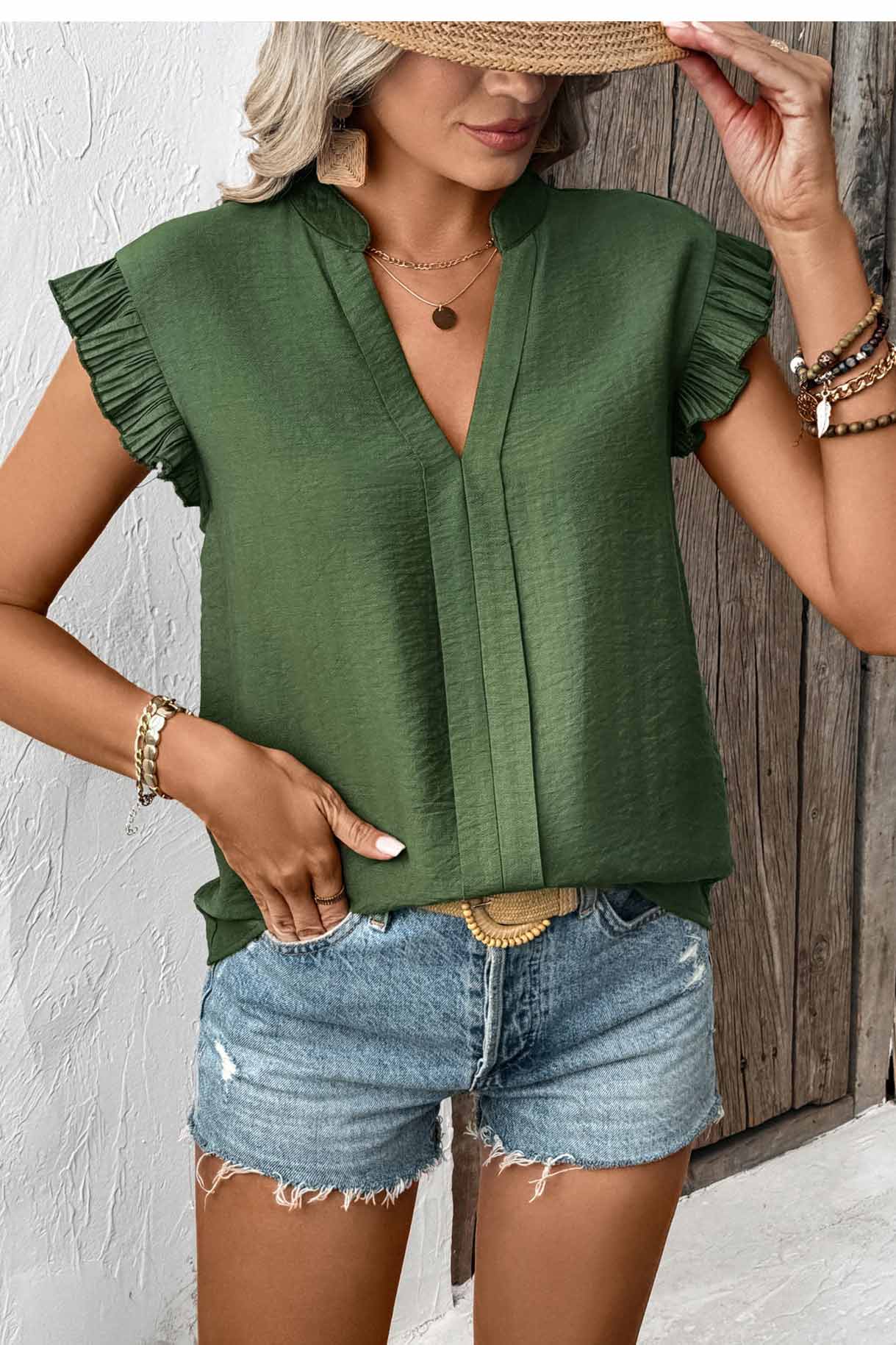 Gaelle Emerald Ruffle Blouse for color-led casual outfits